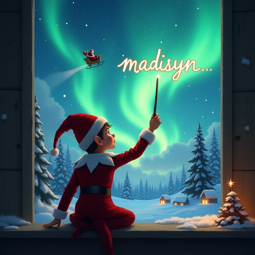 In a cozy room, an elf on the shelf sits with his back turned to the viewer. He is gazing up at the night sky, illuminated by a breathtaking display of northern lights. With a wand in hand, he magically writes the name 'madisyn' in the sky. The background captures the essence of a winter wonderland with snow-covered trees and twinkling stars. In the distance, Santa Claus can be seen flying in his sleigh, completing the magical Christmas scene.