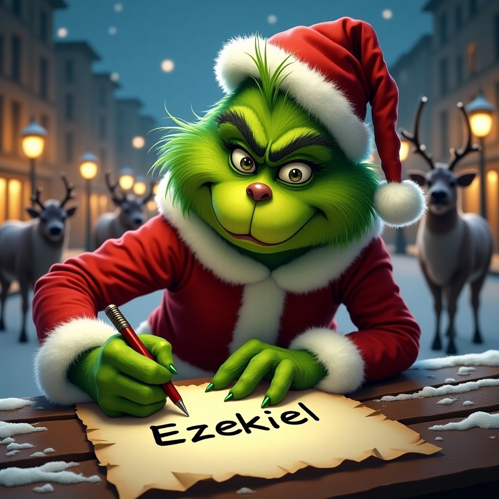 The Grinch with green fur wearing a Santa outfit writes on parchment. Name Ezekiel appears. Reindeer and streetlights in the background are present.