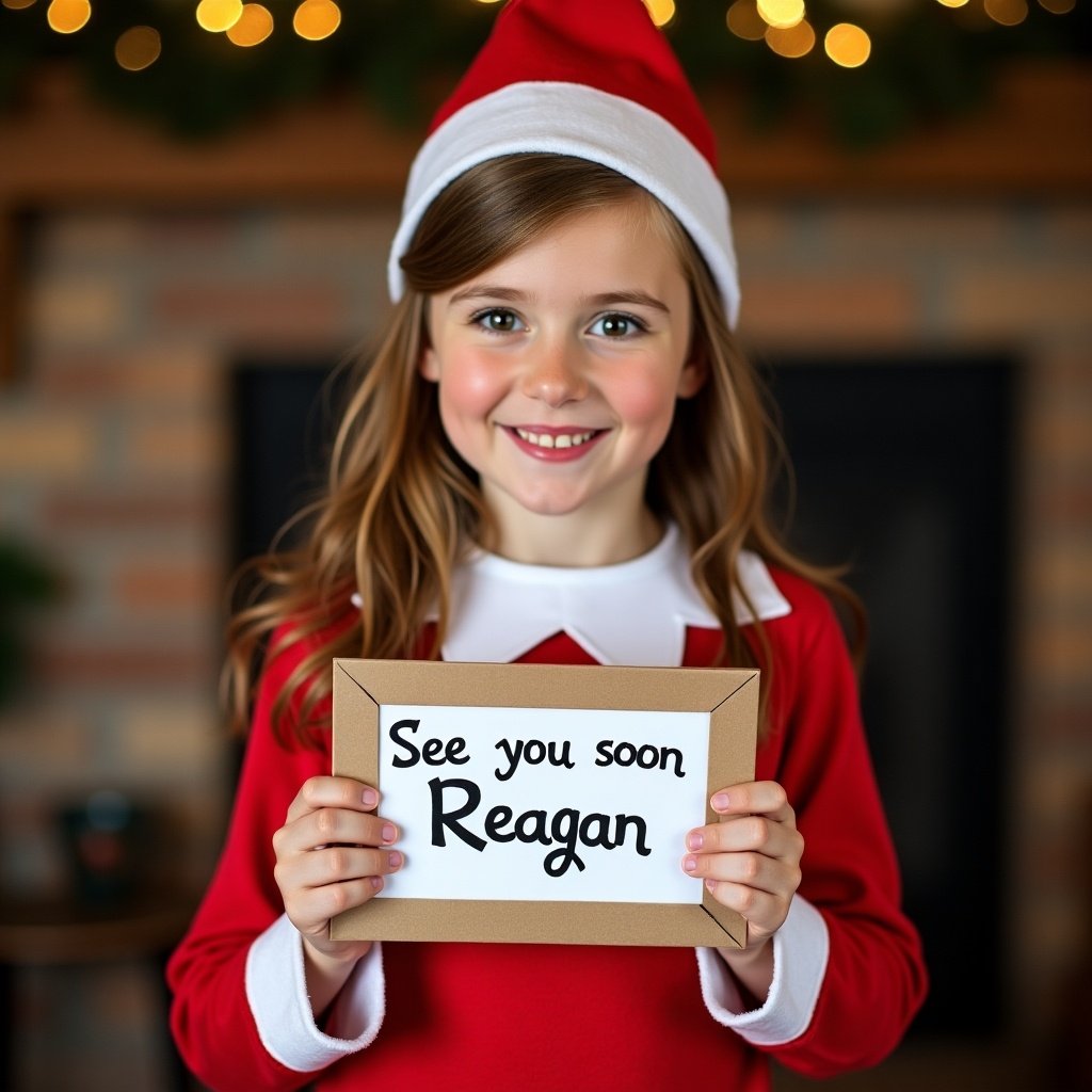 A girl dressed as an elf stands in a cozy holiday setting. She holds a sign that says see you soon Reagan. The elf costume is red and white. The atmosphere is festive and warm.