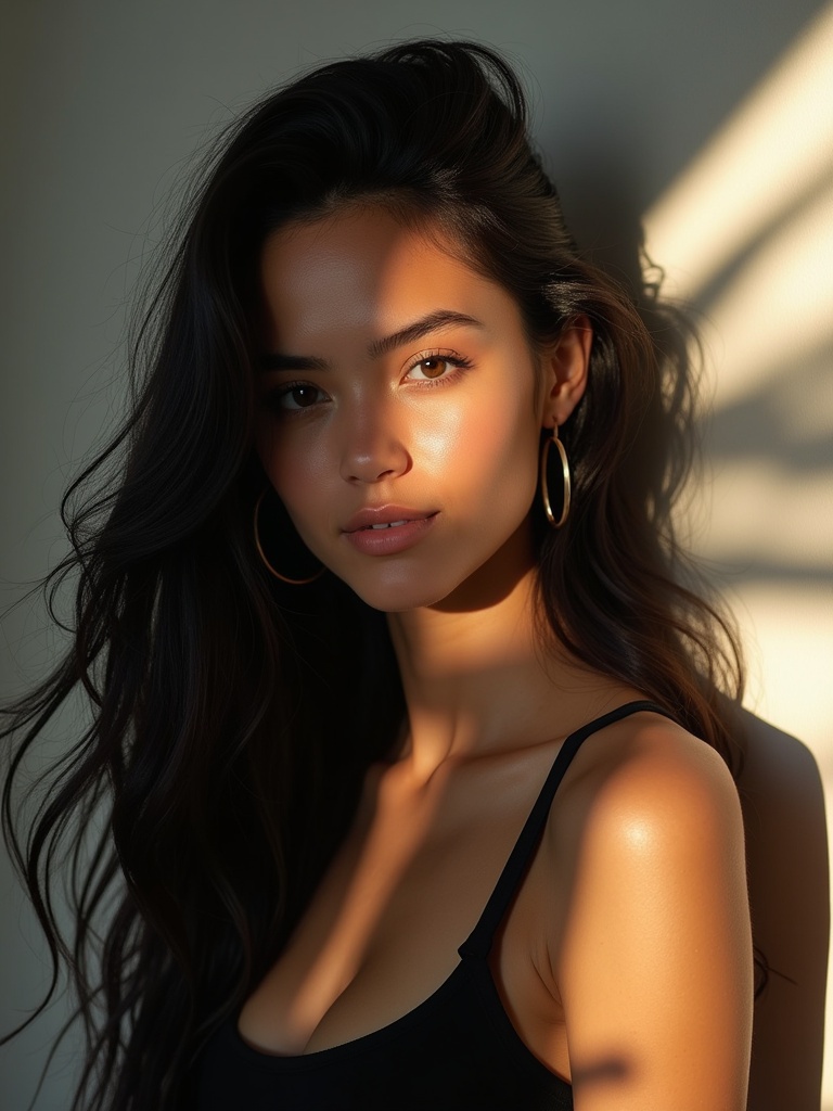 A photography masterpiece featuring a girl with long black hair. She wears a black tank top. Sunlight shines through her hair. The background is abstract with high contrast detailing.