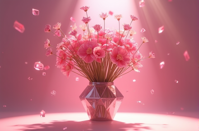 A bouquet of vibrant pink flowers in a faceted vase surrounded by floating pink crystals, illuminated by soft, radiant light.