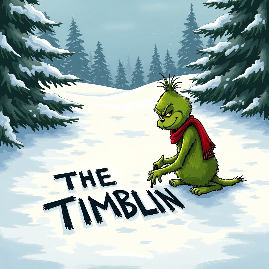 The Grinch is writing THE TIMBLIN in snow. Snow-covered hills and evergreen trees surround the scene. The Grinch is green with a red scarf.