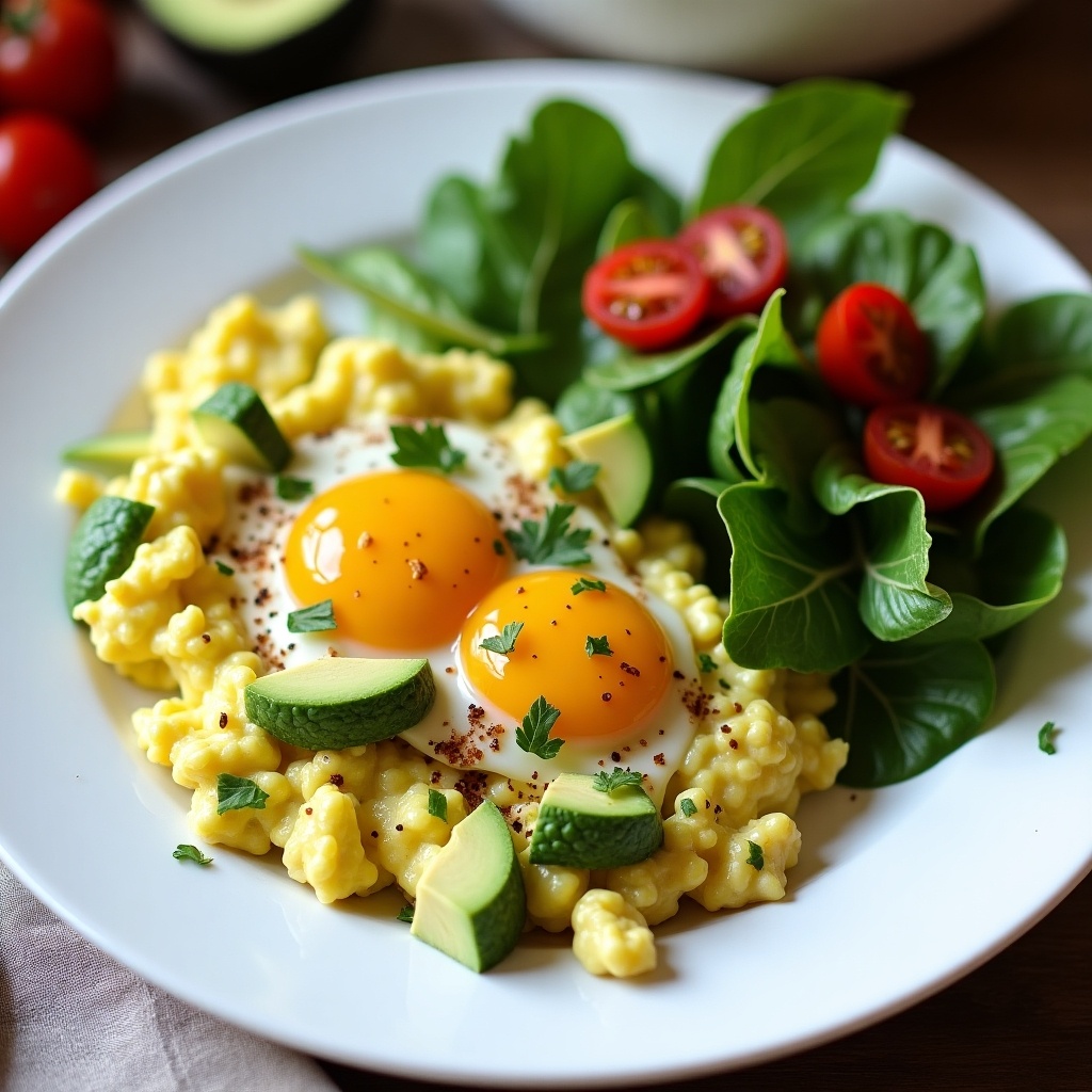 This image showcases a delicious breakfast plate featuring avocado scrambled eggs garnished with herbs. The bright yellow scrambled eggs are accompanied by perfectly cooked eggs, adding a rich color contrast. A side salad of fresh greens and cherry tomatoes complements the dish, enhancing the visual appeal. The setting suggests a wholesome and nutritious meal ideal for brunch. The combination of colors and textures invites viewers to enjoy a healthy lifestyle and culinary creativity.