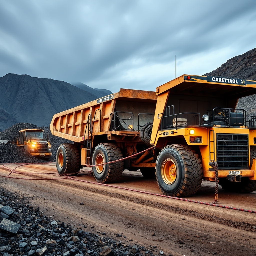 Large yellow trucks are parked on a dirt road at a mining site with mountains in the background.