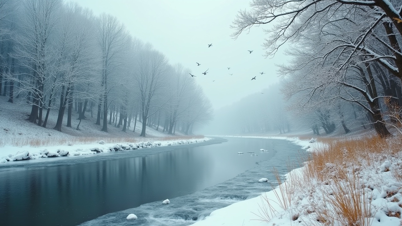 This image depicts a tranquil winter scene featuring a frozen river meandering through a landscape blanketed in snow. The ground is covered with white frost, creating a serene atmosphere. In the distance, birds can be seen flying across the gray sky, adding a sense of movement. The trees exhibit branches adorned with snow and hints of yellowing leaves amongst the frost. This scenic view is rich in details and captures the essence of winter's beauty, resembling a still from a movie with excellent color correction.