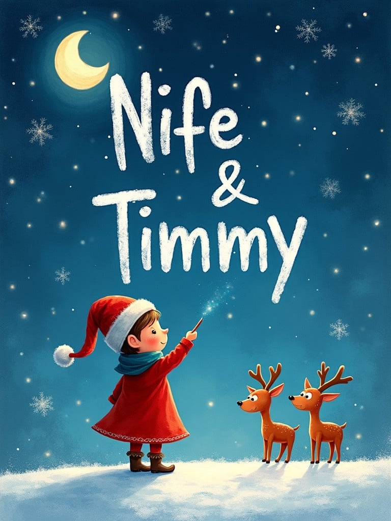 Elf in a red outfit pointing at sky. Names 'Nife' and 'Timmy' drawn in stars. Two reindeer nearby in a snowy landscape. Bright moon shines in background. Magic holiday scene.