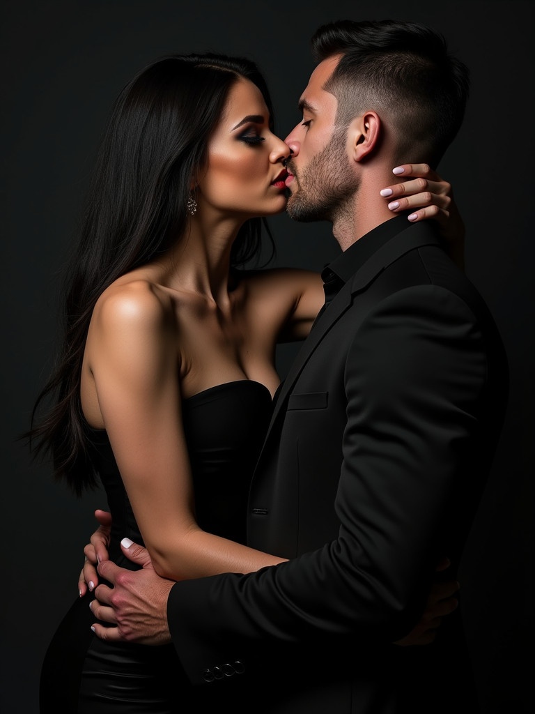 Striking image of couple embracing in intimate gesture. Woman has long dark hair and dramatic makeup. Man has rugged appearance and short hair. Both are in elegant black attire, enhancing sophistication and allure.