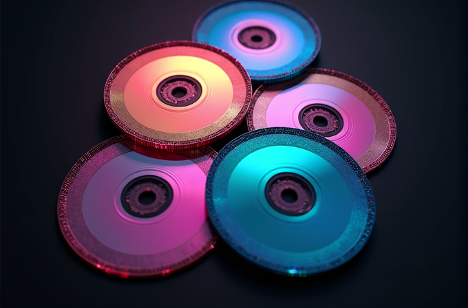 Five colorful compact discs are laid out on a dark surface, glowing with vivid hues.