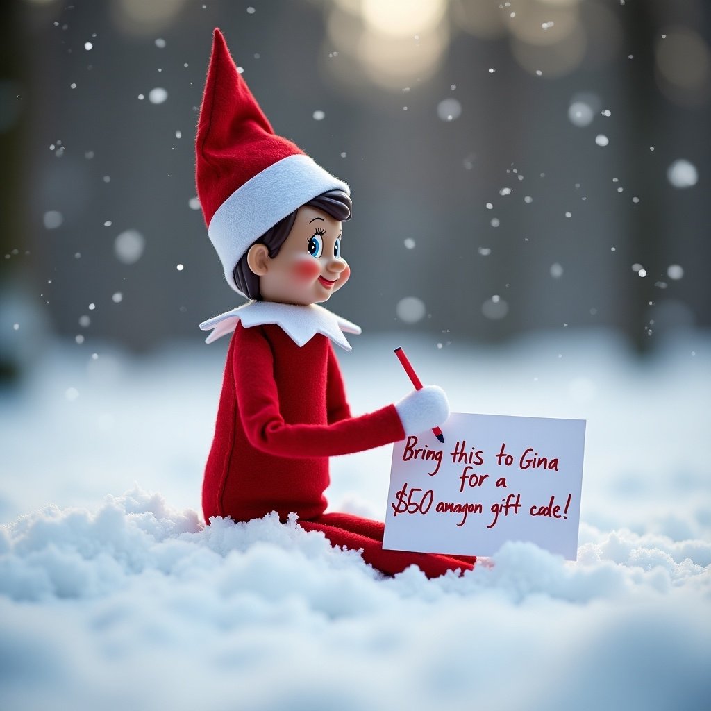 Elf on the shelf sits in the snow. Writing a note that says bring this to Gina for a $50 Amazon gift code.