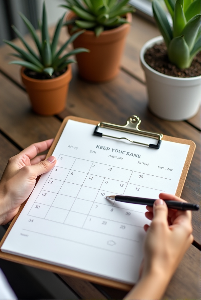 A person holds a clipboard with a calendar in front of several potted succulents on a wooden table.