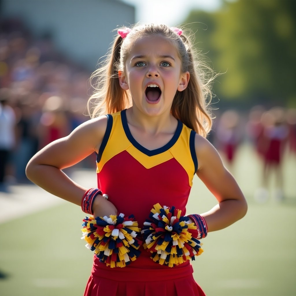 A cheerleader in a bright red and yellow uniform is showcasing team spirit with colorful pom-poms. The scene is lively and captures the essence of youth athletics during a sporting event.