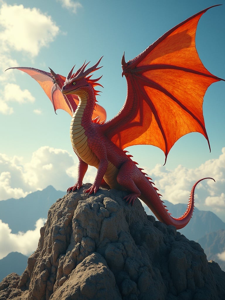 A majestic dragon with two heads is on a mountain peak. Wings are spread wide against a bright sky. Orange and red scales shimmer in the sunlight. The presence is powerful and awe-inspiring.