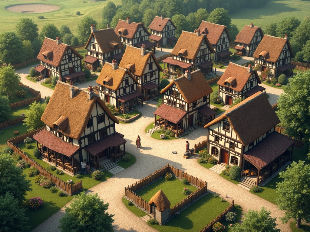 The image shows a picturesque medieval town from an isometric view. The town has two-story half-timbered houses with thatched roofs. The town center is filled with artisan shops. Surroundings feature workshops for blacksmiths and carpenters. Farms are located at the outskirts with lush fields. The scene captures the essence of spring with colorful flowers. The town blends into meadows and forests.