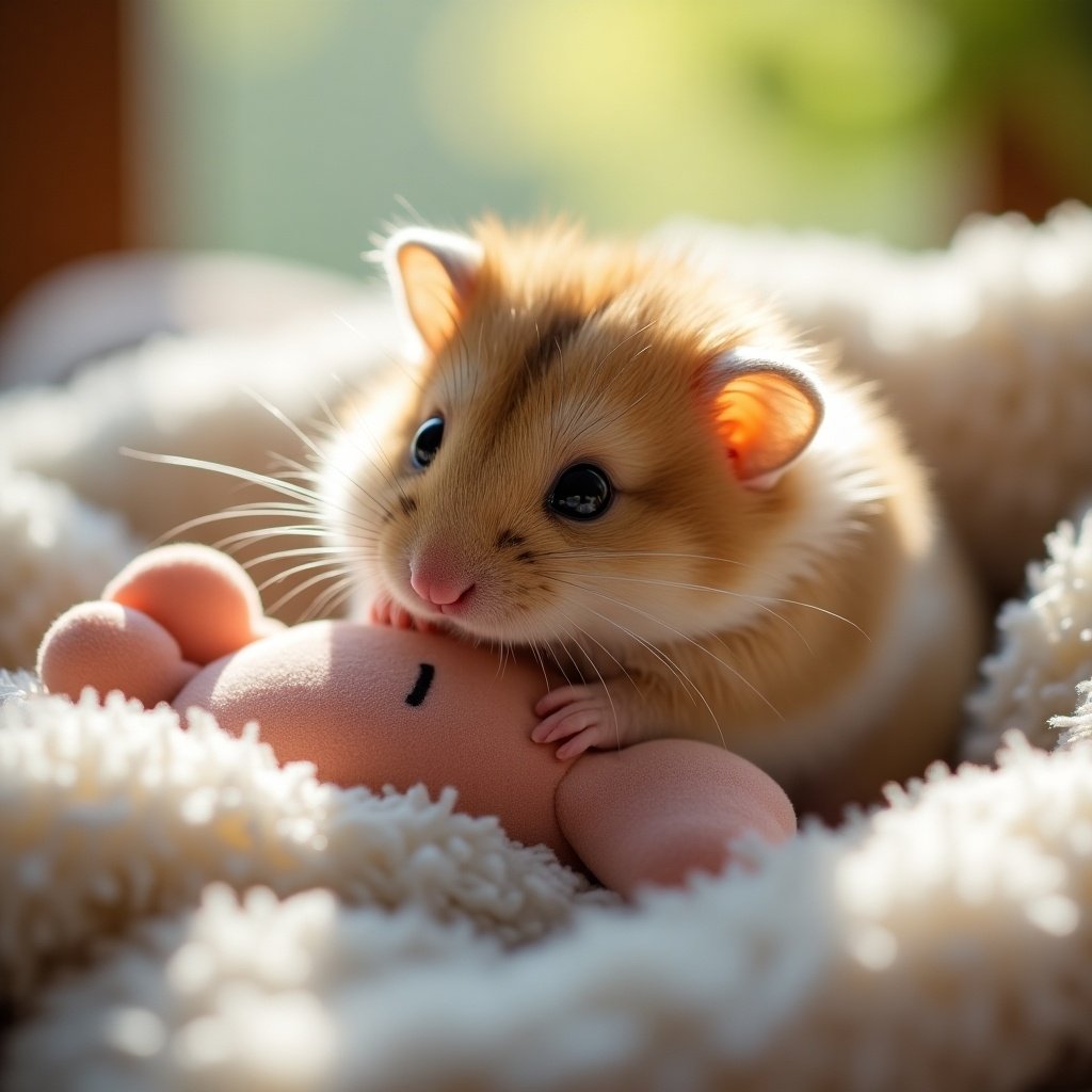 A cute baby hamster snuggling with a plush toy. The setting features a soft blanket and natural sunlight. Focus on the hamster's expression and the plush toy.