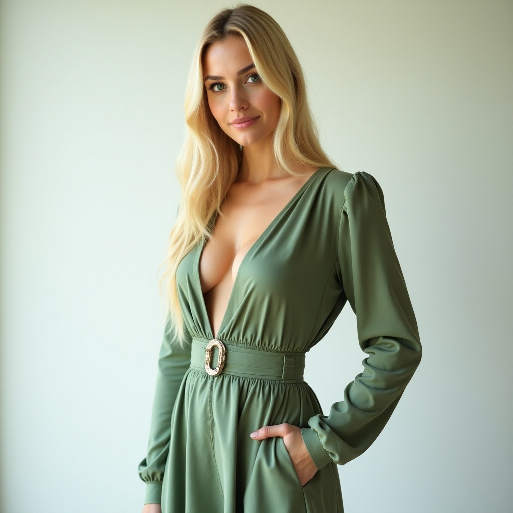 Close up full body shot portrait of a young woman wearing a light green medieval outfit. She has long straight blonde hair and large sultry eyes with a smirk. The dress is stylish and royal, with a focus on firm cleavage and curvy hips against a blank backdrop.