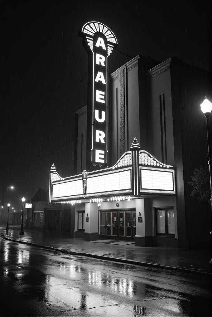 A black and white photograph of an illuminated Art Deco cinema facade and marquee during a rainy night.