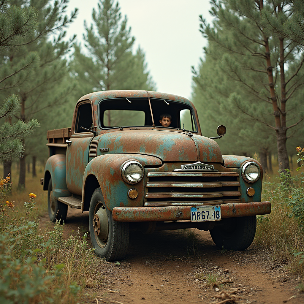 A vintage pickup truck rusting away in a serene forest path.