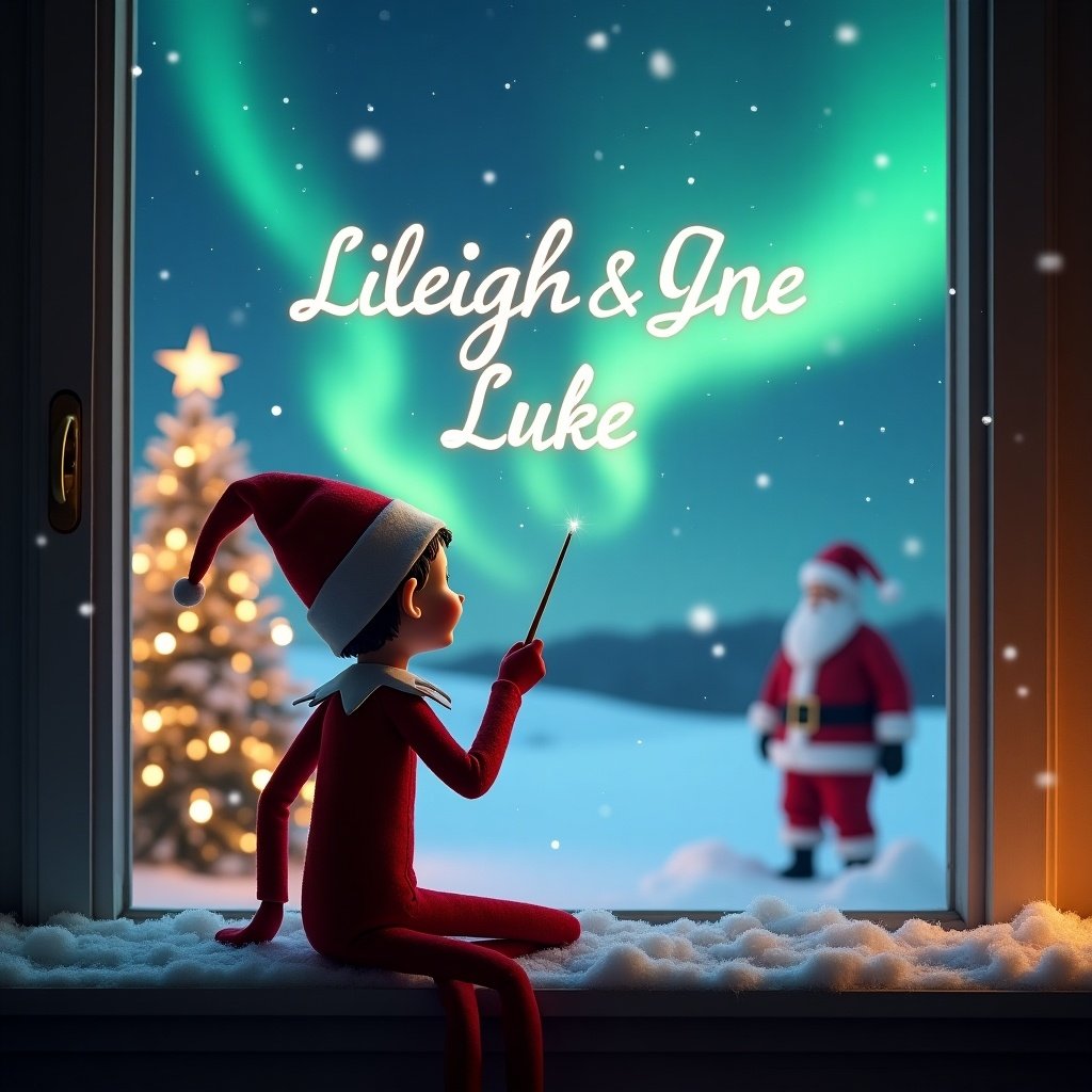 An enchanting Christmas scene features an elf on the shelf with his back to the viewer, gazing up at a magical sky. The elf is using a wand to elegantly write the names Lileigh and Luke in the air. In the background, the landscape is illuminated by beautiful northern lights and adorned with a Christmas tree sparkling with lights. Santa Claus is visible in the distance, creating a whimsical and festive atmosphere. Snow gently covers the window ledge, adding to the cozy feel of the scene.