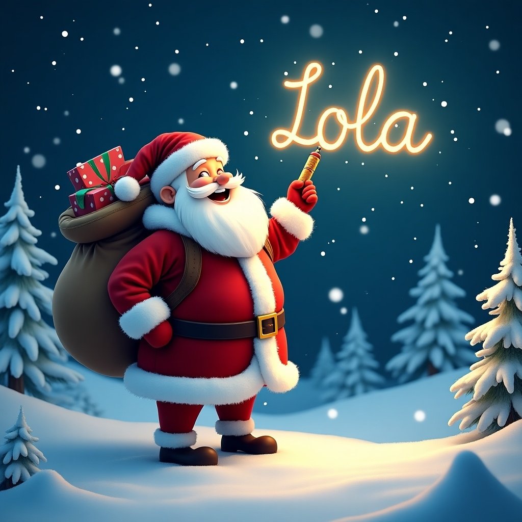 The image shows a jolly Santa Claus in a snowy landscape at night. He is cheerfully writing 'Lola' in the sky with a glowing pen. Santa wears his iconic red suit with white fur trim and carries a large sack of gifts. The trees are blanketed with snow, enhancing the wintry scene. A gentle snowfall adds to the magical atmosphere, evoking feelings of joy and celebration during the holiday season.