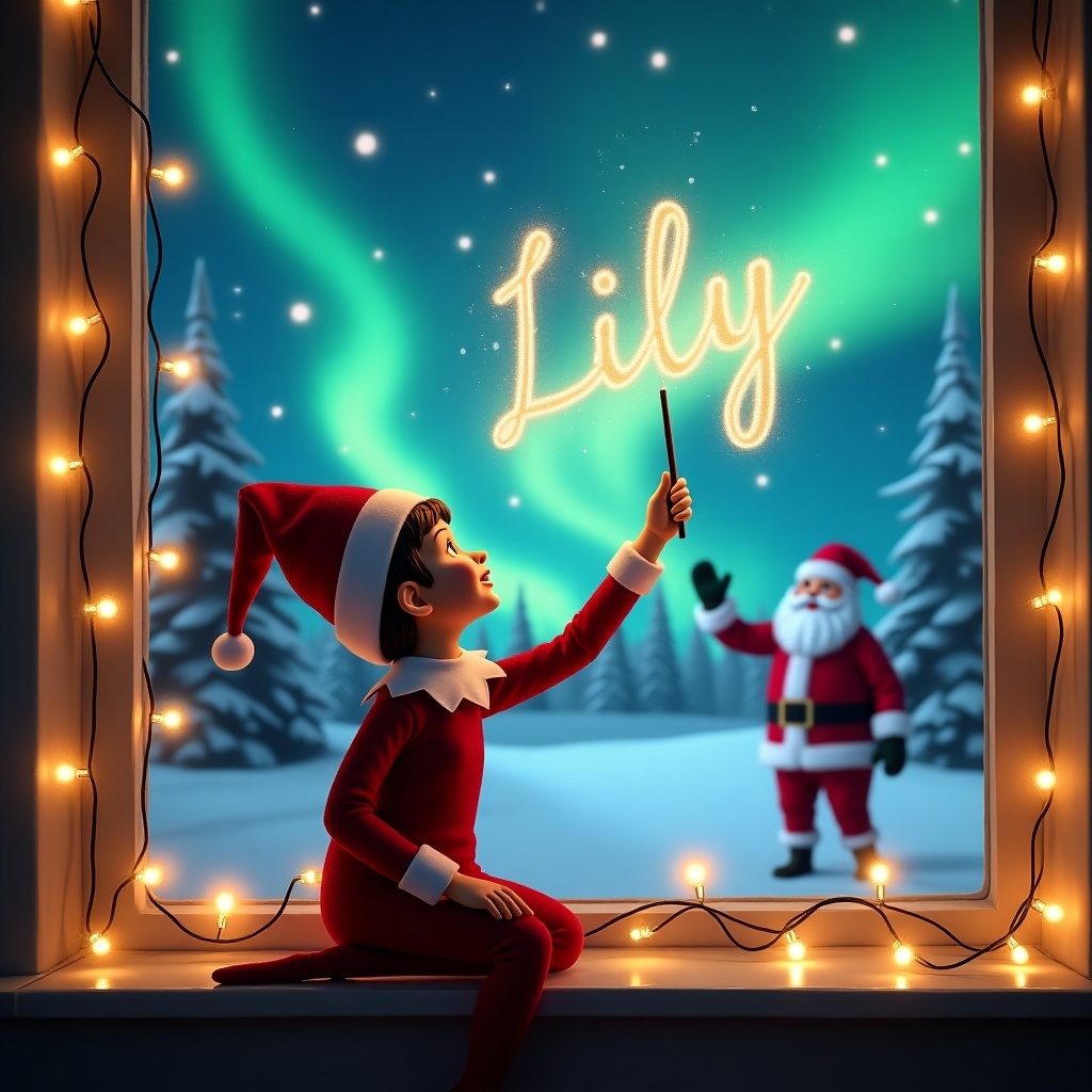 An elf looks up at a starry sky. It uses a wand to write 'Lily' in the air. Vibrant northern lights shine in the background. Santa Claus stands in a snowy landscape. Twinkling lights frame the window. The scene feels magical and festive.