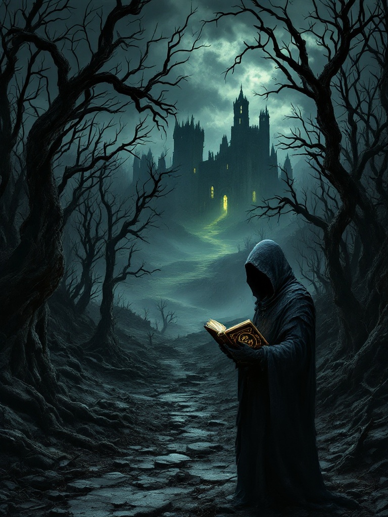 Visualize a dark neglected landscape featuring dead trees and twisted branches stretching skyward. A crumbling castle ruins reveals mysterious lights in the background. A hooded figure in the foreground presents an ancient tome adorned with strange symbols.