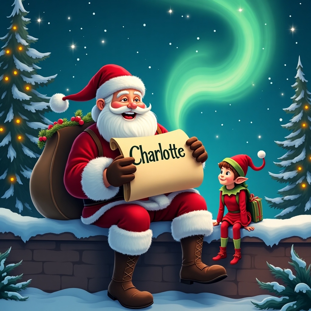 Santa Claus sits on a ledge with a joyful expression. He holds a scroll with the name Charlotte. An elf is beside him. Northern lights swirl in the night sky. Christmas decorations enhance the festive atmosphere. Snow-covered trees are in the background. Whimsical sparkle suggests a magical holiday evening.