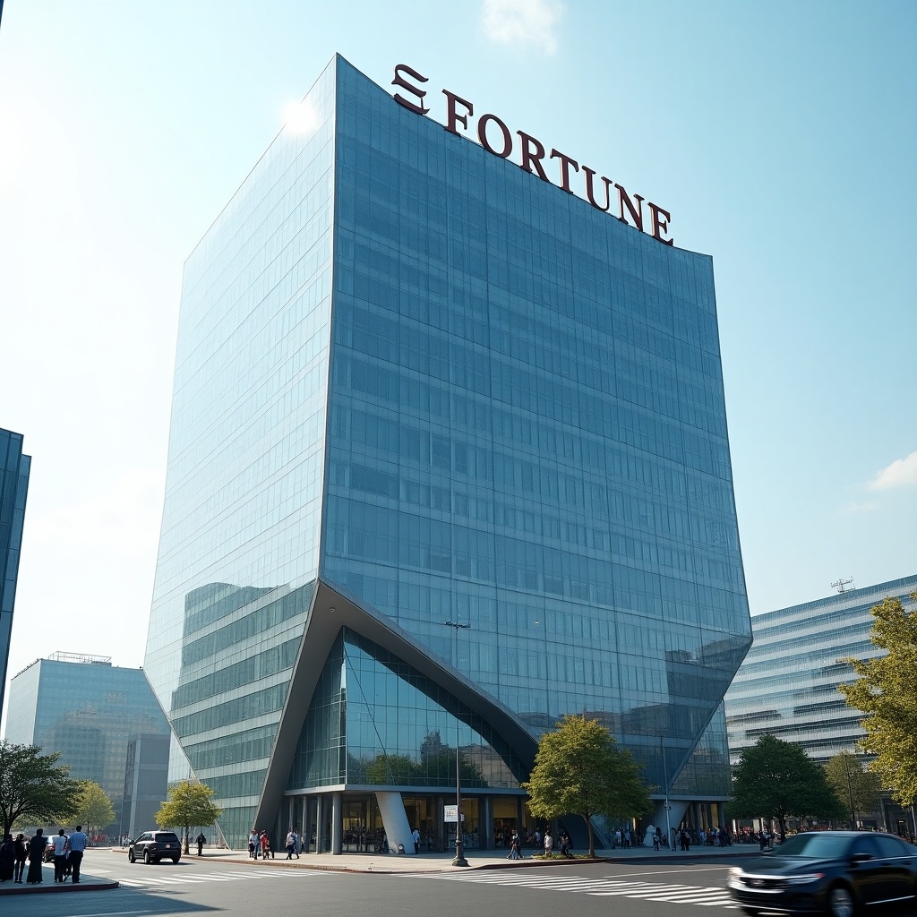 This image showcases a modern corporate building known as the 'FORTUNE' building. The structure features a sleek glass facade with a unique geometric design. It stands tall against a blue sky, with the name 'FORTUNE' prominently displayed at the top. Surrounding the building are trees and a bustling urban environment, indicating a business district. People can be seen walking in the foreground, highlighting its use as a commercial space.