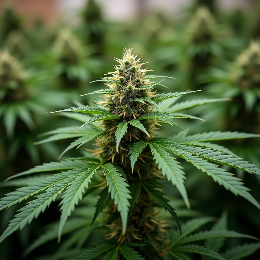 Close-up of a cannabis plant with lush green leaves and budding flowers.