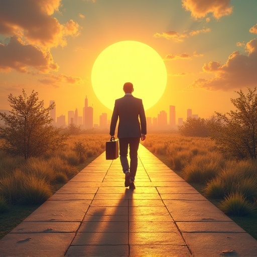 A man in a suit walks along a pathway towards a large, glowing sunset. The city skyline is visible in the background. The scene conveys ambition and success through the warm colors and strong silhouette of the man.