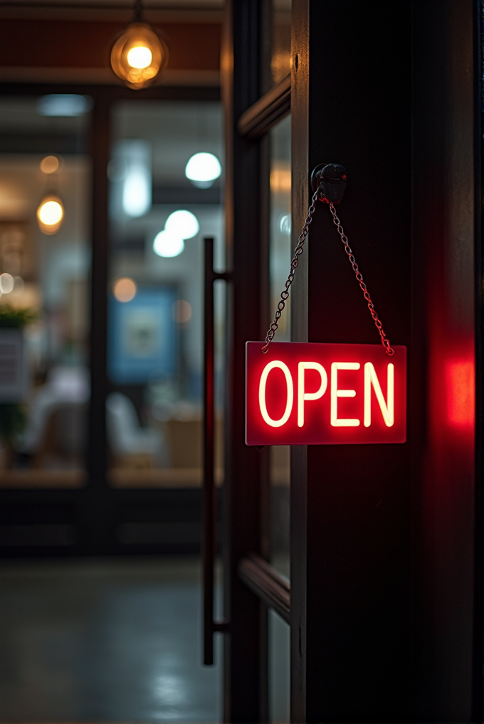 A red neon 'OPEN' sign hangs on a shop door, with a warmly lit interior visible in the background.