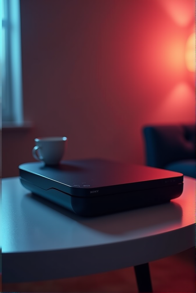 A coffee cup sits on a closed laptop on a table in a cozy room with a soft, reddish glow.