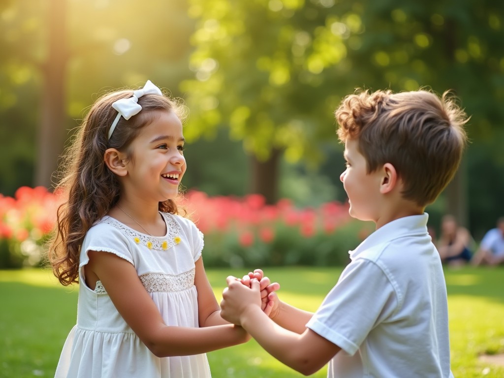 A heartwarming photograph of two children holding hands and smiling in a sunny park, surrounded by lush greenery and vibrant flowers.