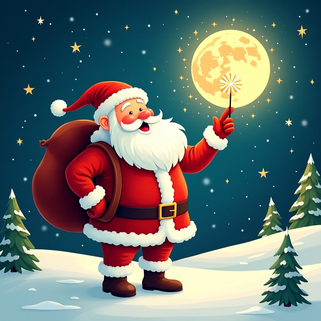 The image features a cheerful Santa Claus standing in a snowy landscape. He has a large red sack slung over his shoulder and is holding a sparkly wand. Santa is dressed in his traditional red and white outfit, complete with a belt and boots. Behind him, the night sky is illuminated with twinkling stars. Pine trees dot the snowy ground, encapsulating a festive winter atmosphere. This illustration captures the essence of Christmas and the joyful moments associated with the holiday season, perfect for holiday celebrations.