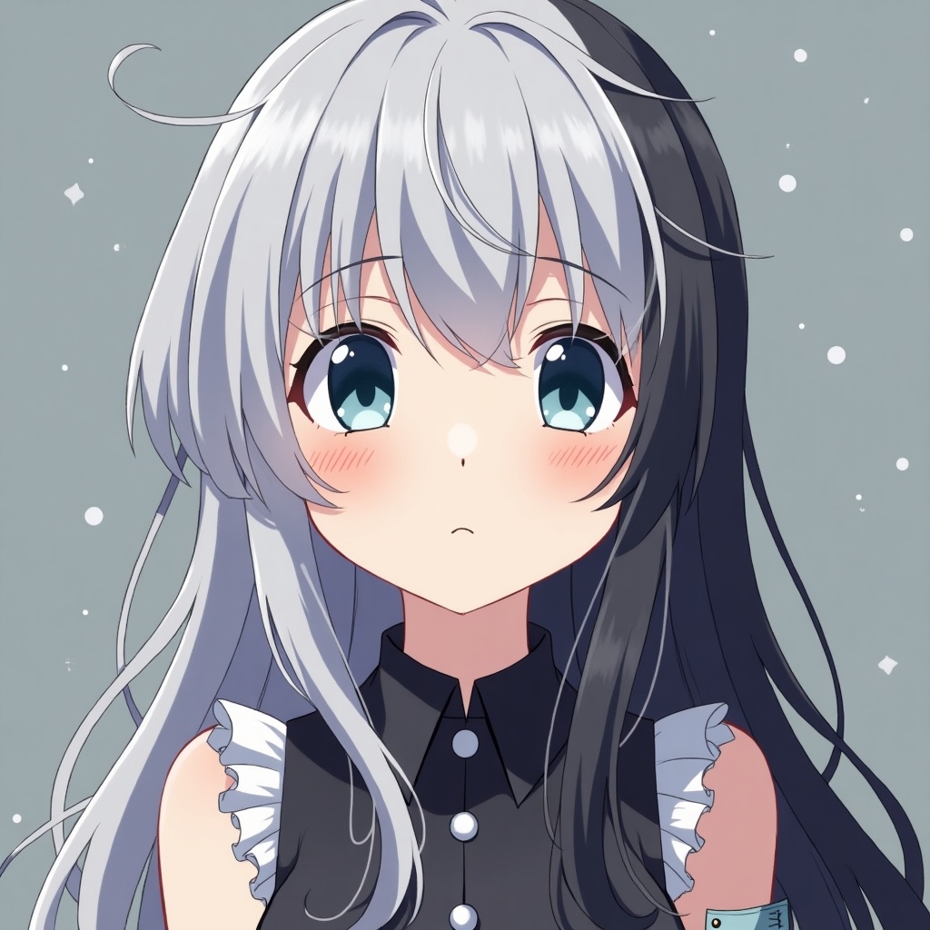 Anime character with silver and black hair and bluish-gray eyes. Very fair skin. Character wears a stylish outfit.