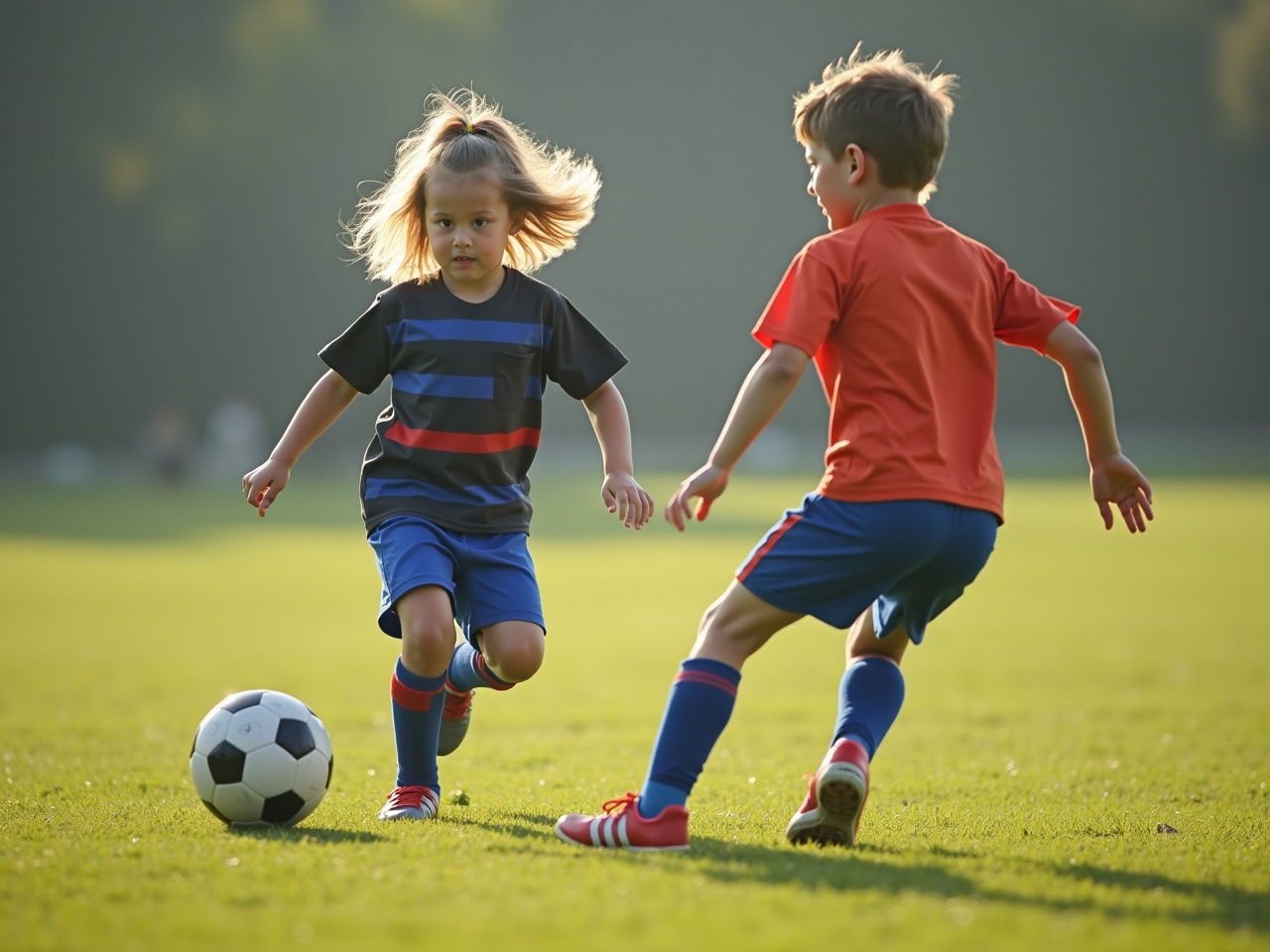 The image depicts two children engaged in a lively game of soccer. One child in a black and blue striped shirt dribbles the ball, while another in a bright red shirt tries to intercept. They are on a lush green field, surrounded by trees, indicating a sunny day. The atmosphere is filled with energy and excitement typical of youth soccer matches. The scene captures the joy of children playing outdoors, highlighting teamwork and athleticism.