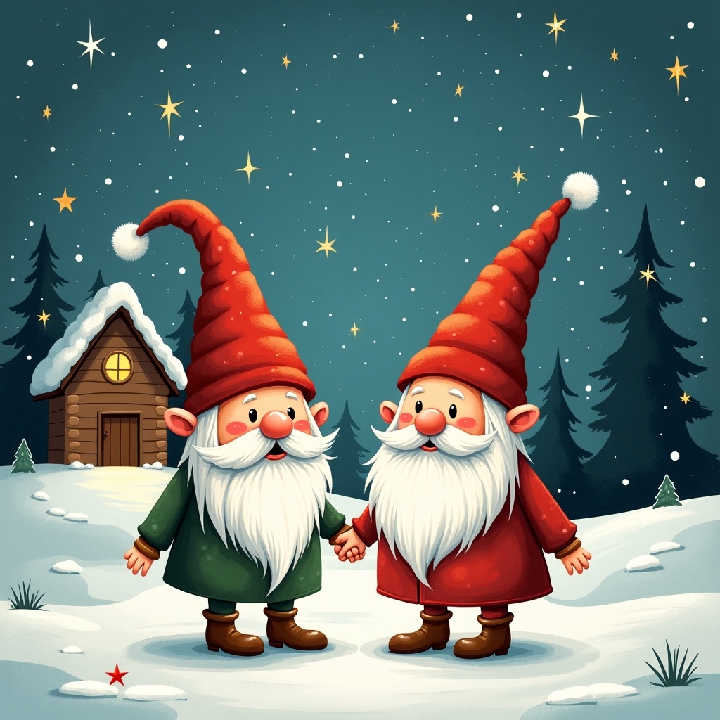 This image is a whimsical illustration of a gnome couple holding hands in a snowy landscape. They are dressed in colorful outfits, one in green and the other in red, both sporting tall pointed hats. Behind them, there is a cozy cabin with soft lighting, surrounded by tall pine trees. The sky is filled with sparkling stars, creating a magical Christmas ambiance. The scene captures the spirit of togetherness and the joy of the holiday season.