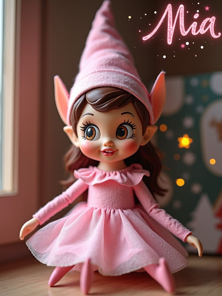 Elf doll dressed in pink sitting on a window sill. Brown eyes sparkle in soft light. Name Mia Rose written in pink sparkles nearby.