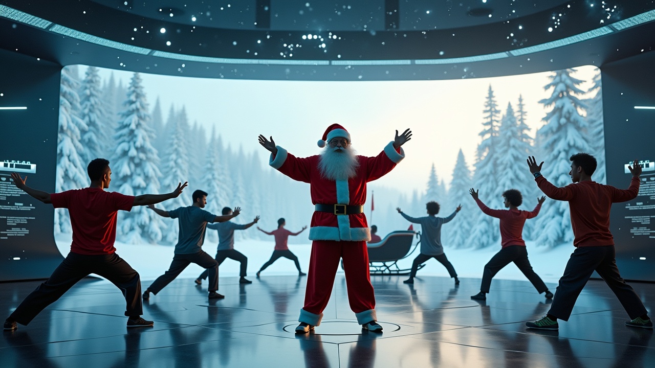 Cinematic image shows Santa Claus in a high-tech room with open arms. Various ethnic individuals practice Tai Chi around him. Background features snowy trees and a sleigh. Wide angle captures Santa surrounded by joyful people at a celebration.