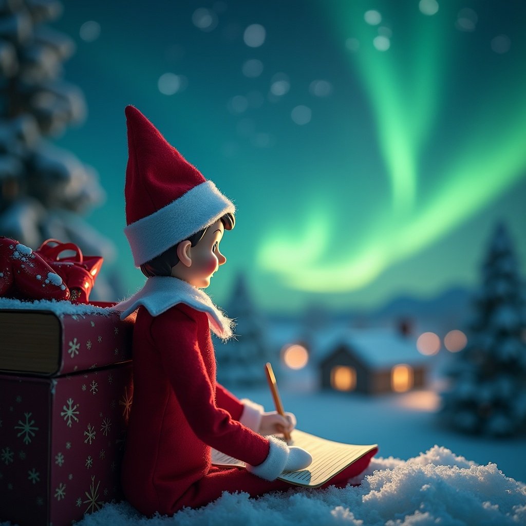 An elf on the shelf sits in a snowy landscape, surrounded by gifts and Christmas trees. The elf is writing in the snow, with the name 'Wesley' being drawn. In the nighttime sky, the colorful northern lights are dancing, illuminating the winter scene. The background features cozy, softly lit houses, enhancing the magical atmosphere. This enchanting moment captures the spirit of Christmas and childhood wonder.