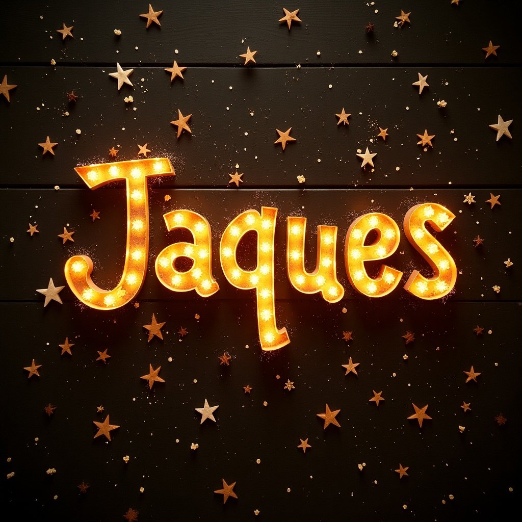 This image features the name 'Jacques' in bright, marquee-style letters adorned with warm lights. The letters are surrounded by a backdrop of small golden stars scattered across a dark surface. The festive arrangement creates an inviting and celebratory atmosphere, making it perfect for special occasions. The warm glow of the letters adds to the charm, and the contrast against the dark background enhances visibility. This composition is ideal for party themes, birthday celebrations, or any festive occasion that highlights the name Jacques.