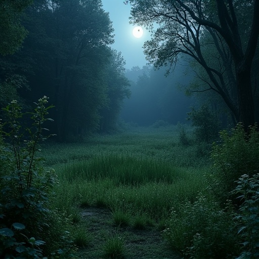 A small circular clearing with long grass and a few wildflowers in an overgrown forest. Scene is dark with moonlight shining gently. The atmosphere is eerie but beautiful, evoking fear.