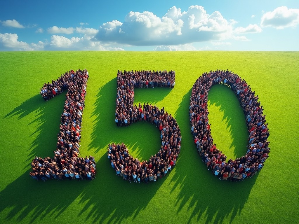 This image features a vast green landscape where numerous people congregate to form the number '150'. The scene is captured from above, showcasing the vibrant arrangement against the lush grass. Bright sunlight illuminates the gathering, enhancing the cheerful atmosphere. The landscape is open with a clear blue sky dotted with fluffy white clouds. It's a perfect day for bringing people together for a significant celebration or community event.