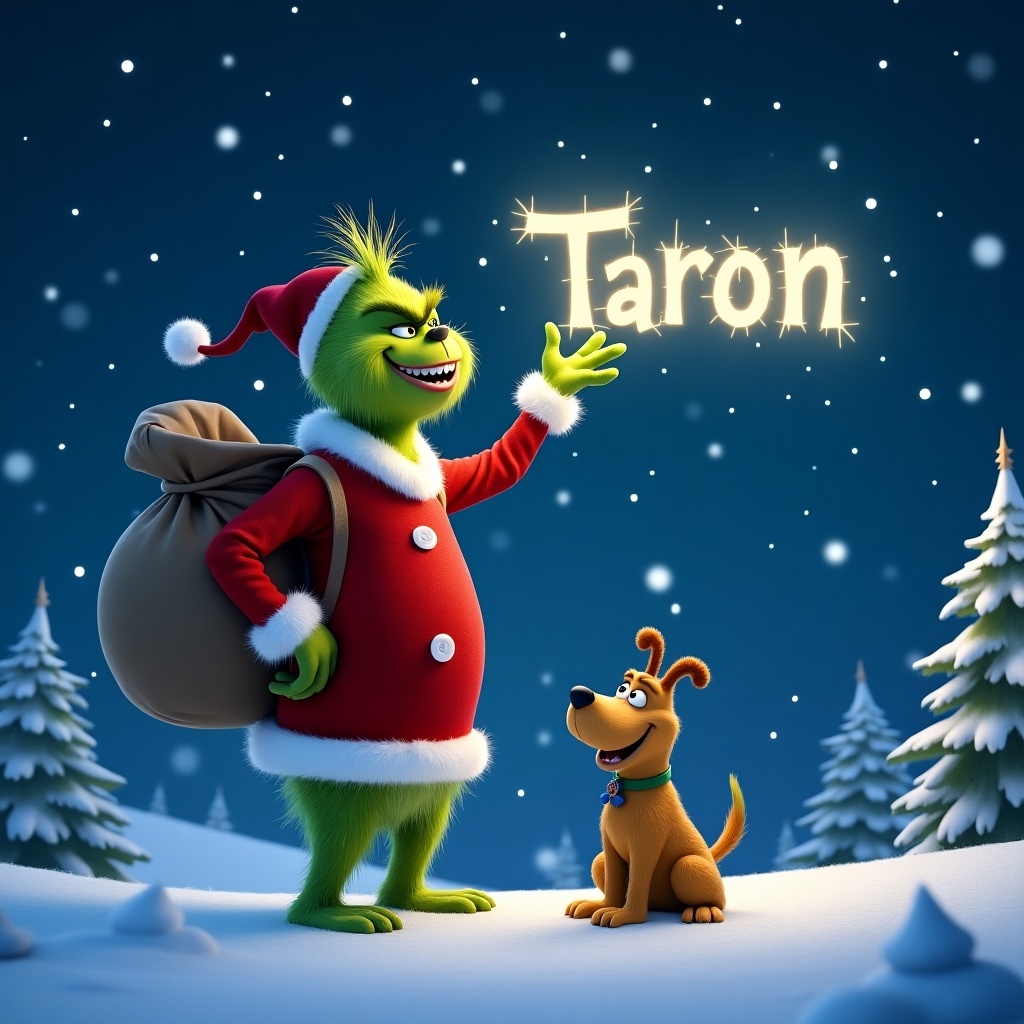 The image features an evil Pixar-themed Grinch in a snowy landscape, joyously writing the name 'Taron' in the night sky with magical light. Dressed in a festive red suit with white trim, he carries a large sack on his back. Beside him, his companion, a cheerful dog named Max, looks on with a smile. They're surrounded by a beautiful snowy scene with gently falling snowflakes. The starry night sky sparkles brightly, adding to the enchanting holiday atmosphere. Pine trees dot the background, enhancing the winter wonderland feel.