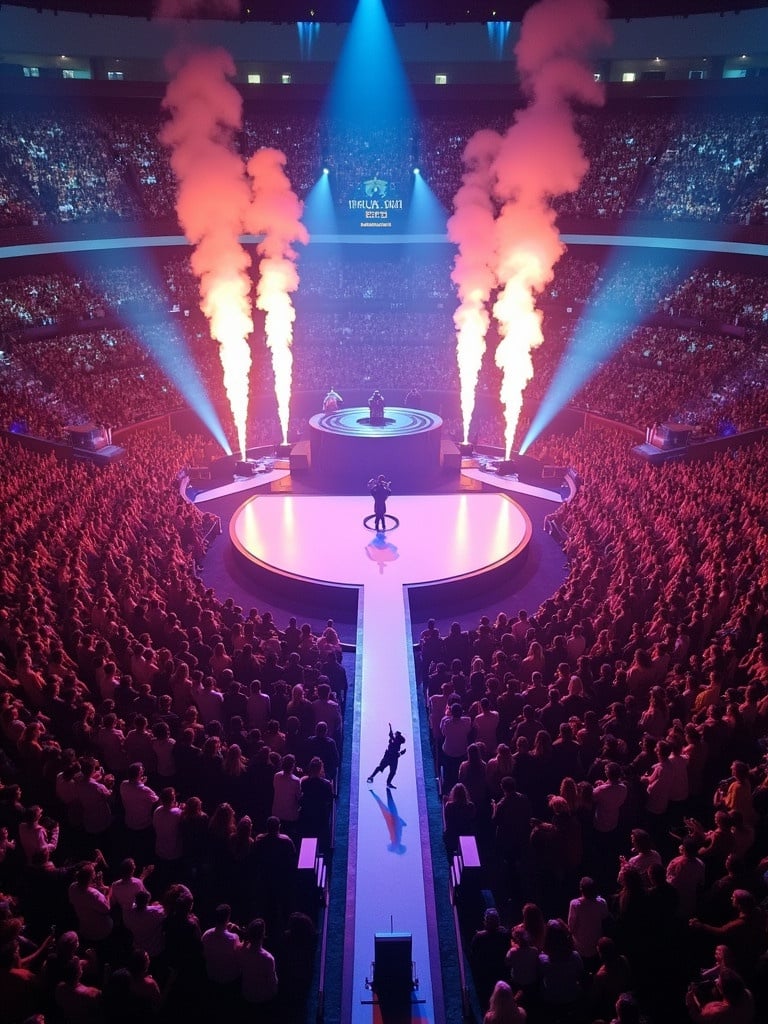 Travis Scott performing at Madison Square Garden. 360 concert stage design with a T stage and runway. Aerial view from a drone shows the audience and the performance. Stage lit with dynamic lights and smoke effects.