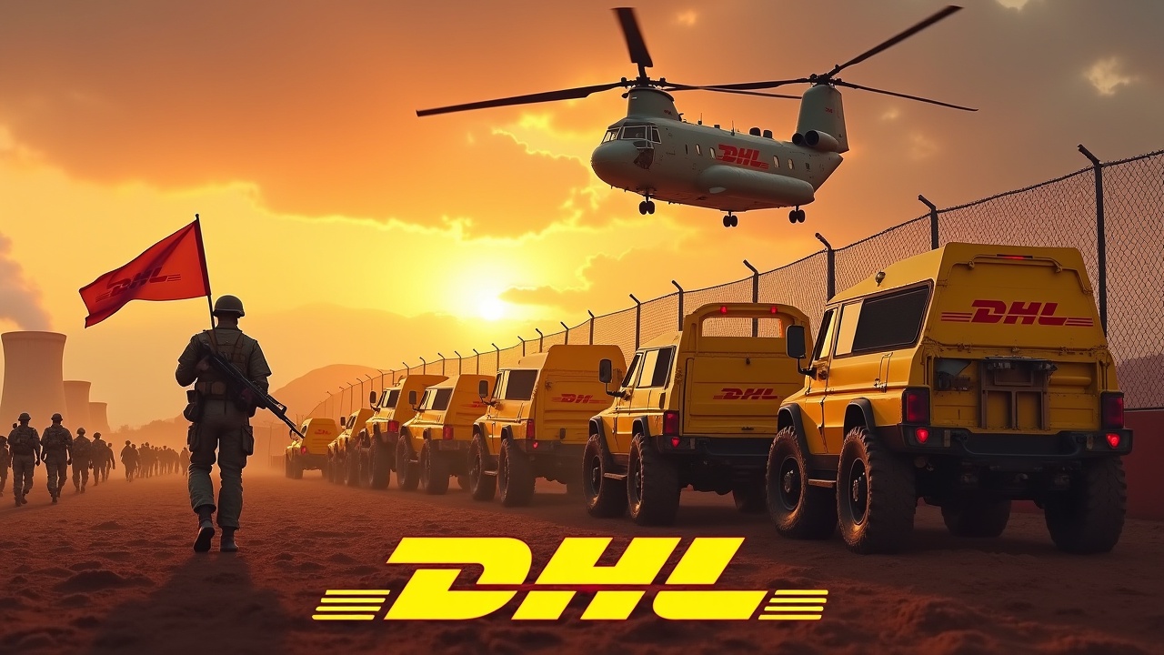 In a dramatic scene, several yellow tanks and trucks drive up to a fence. The vehicles are painted with the DHL logo. Nearby, several soldiers holding rifles are seen marching together in unison. One soldier stands valiantly holding a flag with the DHL logo. In the background, we can see a nuclear power plant. The sky is illuminated by the fiery sun, and a large Chinook cargo helicopter flies above, adding to the intensity of the scene. The helicopter is painted with the DHL logo. At the bottom, we see the DHL logo, displayed in bold, yellow text.