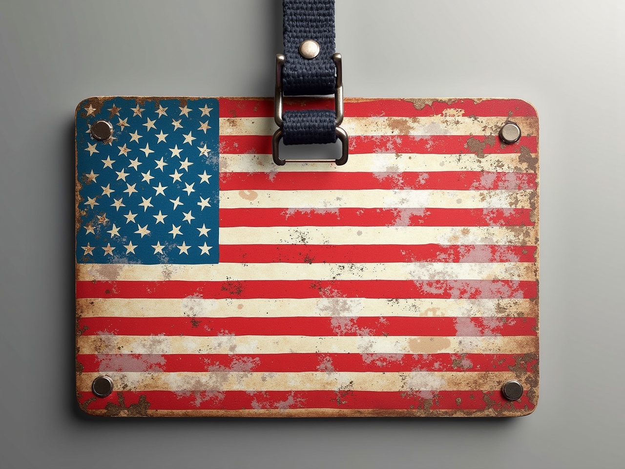 The image features a novelty ID card designed with a vintage American flag theme. The card has a weathered look, with visible rust and wear, adding to its charm. It is rectangular, showcasing a large American flag on the left side, while the right side is blank for fictional details. A durable strap is attached at the top, suggesting it can be worn or displayed. The colors contrast well, making the design eye-catching. It serves as a fun item for themed events or as a unique decorative piece.