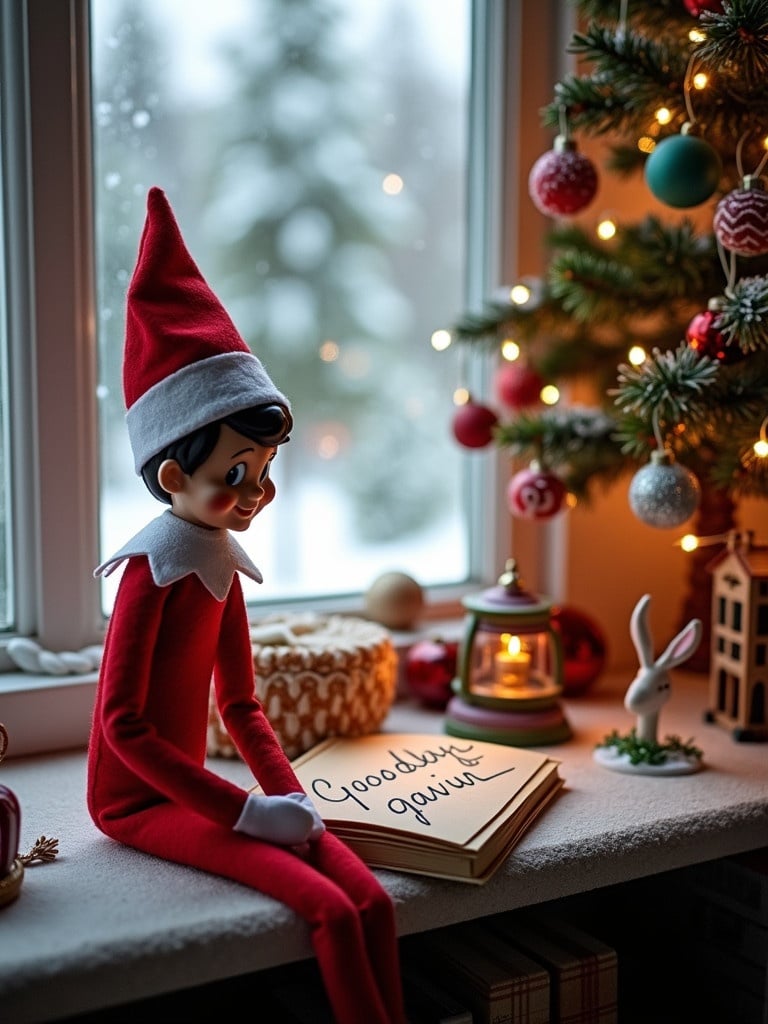 Elf doll sits on a table in festive interior. Elf writes message on paper. Snow falls outside window. Christmas tree with colorful decorations stands nearby.