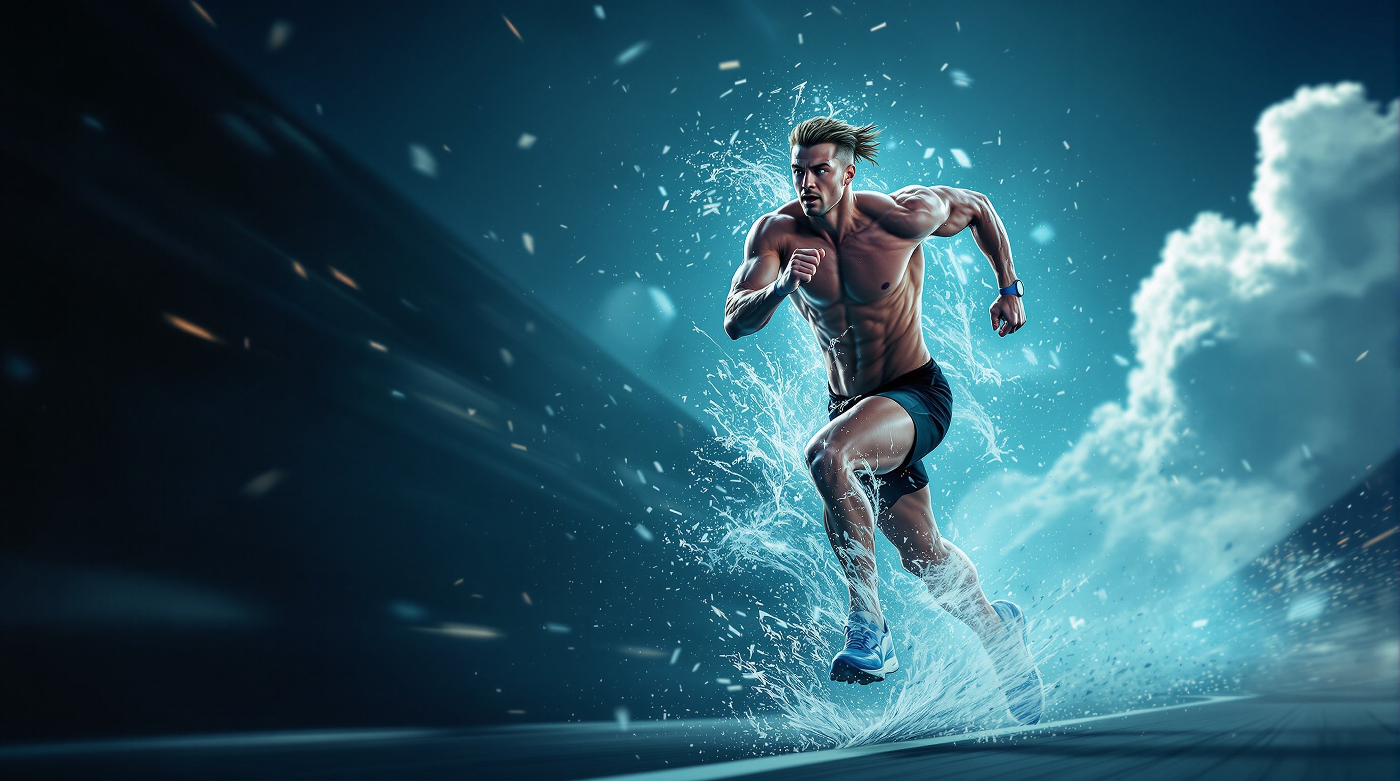 Stunning sports photography of a runner in motion. The scene captures athleticism and human strength. High-end DSLR used for quality. Hyper-realistic style appeals to art lovers. Colors vibrant and contrasting to emphasize the physique. Exceptional clarity showcases muscles and expressions. Energetic composition highlights movement and agility. Dramatic light enhances body contours. Freeze-frame capturing peak performance. Shallow depth of field isolates the subject. Leading lines guide the viewer's eye. Motion blur effects convey speed and intensity.