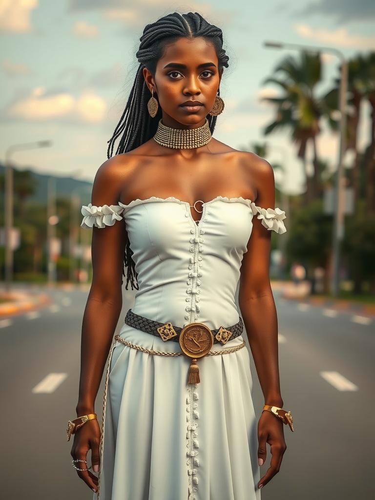 The image portrays a woman standing confidently on an open road. Her attire is a stunning off-shoulder white dress adorned with intricate gold accessories, including a choker, earrings, and a belt featuring a medallion. Her braided hairstyle complements the sophisticated and regal look. The background includes palm trees and a scenic horizon, enhancing the serene and powerful presence of the woman.