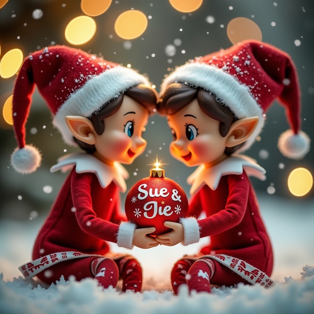 The image features two cheerful elves celebrating Christmas in a snowy setting. They are intimately engaged in holding a festive bauble with the name 'Sue & Joe' written on it. The background is filled with softly glowing lights that create a warm and inviting atmosphere. Both elves are dressed in traditional red and white outfits, showcasing a sense of holiday cheer. Snowflakes are gently falling around them, enhancing the magical feel of the scene. This image captures the essence of holiday joy and the spirit of giving, perfect for seasonal celebrations.